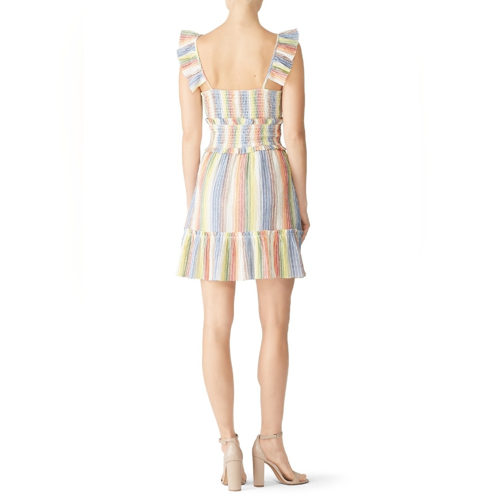 Saylor Alma Dress Rainbow Striped Crepe Smocked Bust Ruffle Strap Dress Small - Picture 14 of 15